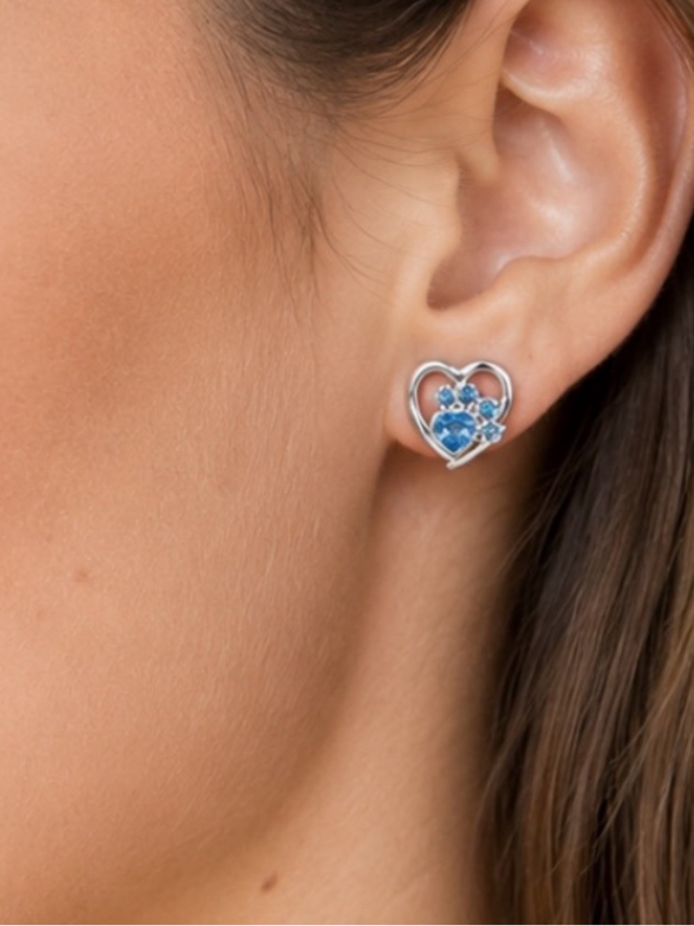 NWT Silver Heart Paw Print Stud Earrings Blue Rhinestone Crystal Animal Lover